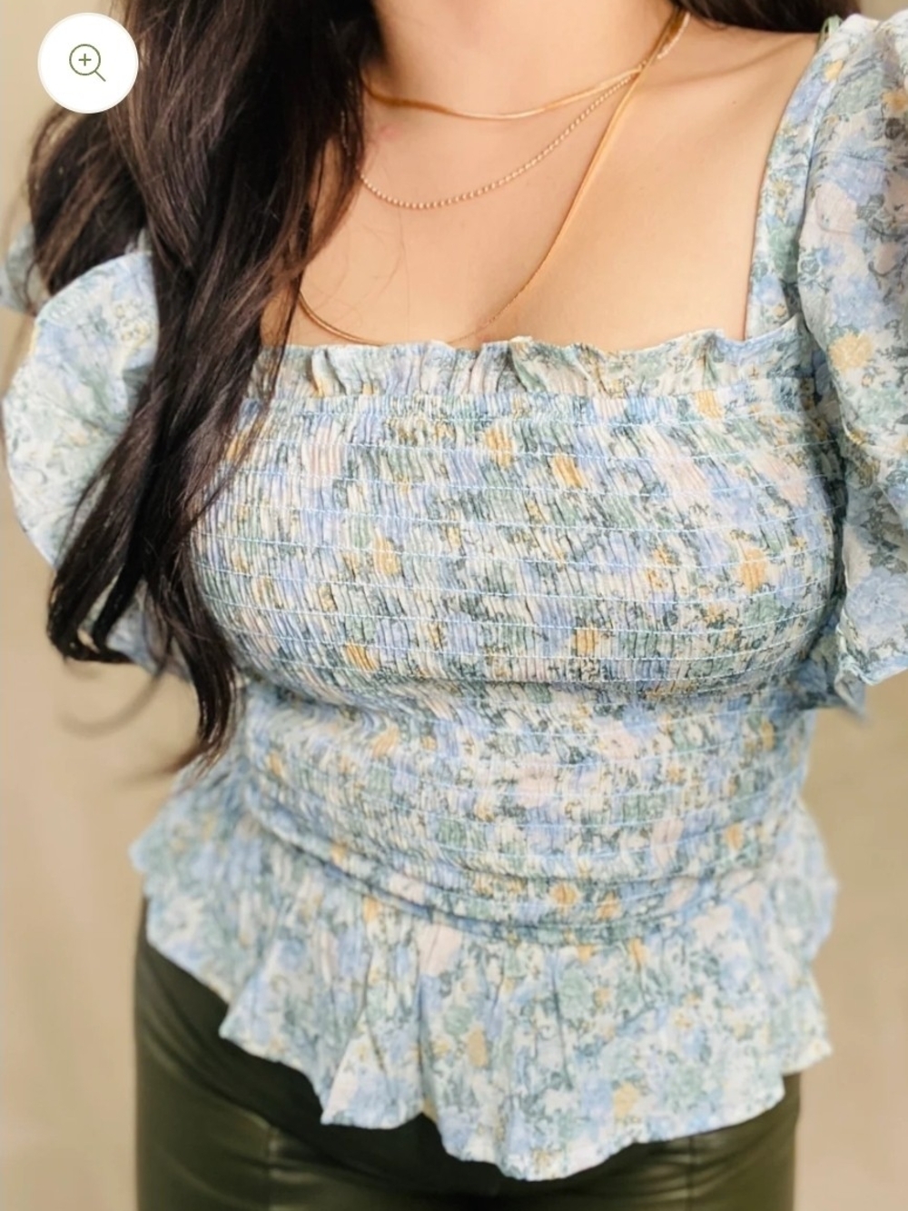 mine Light Blue Floral Smocked Square-Neck Peplum Top